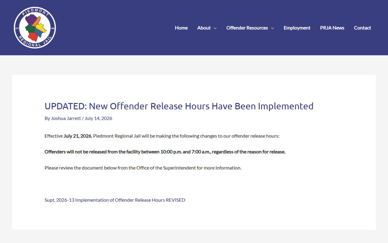 Piedmont Regional Jail release-hours notice for Cumberland County 24-hour releases