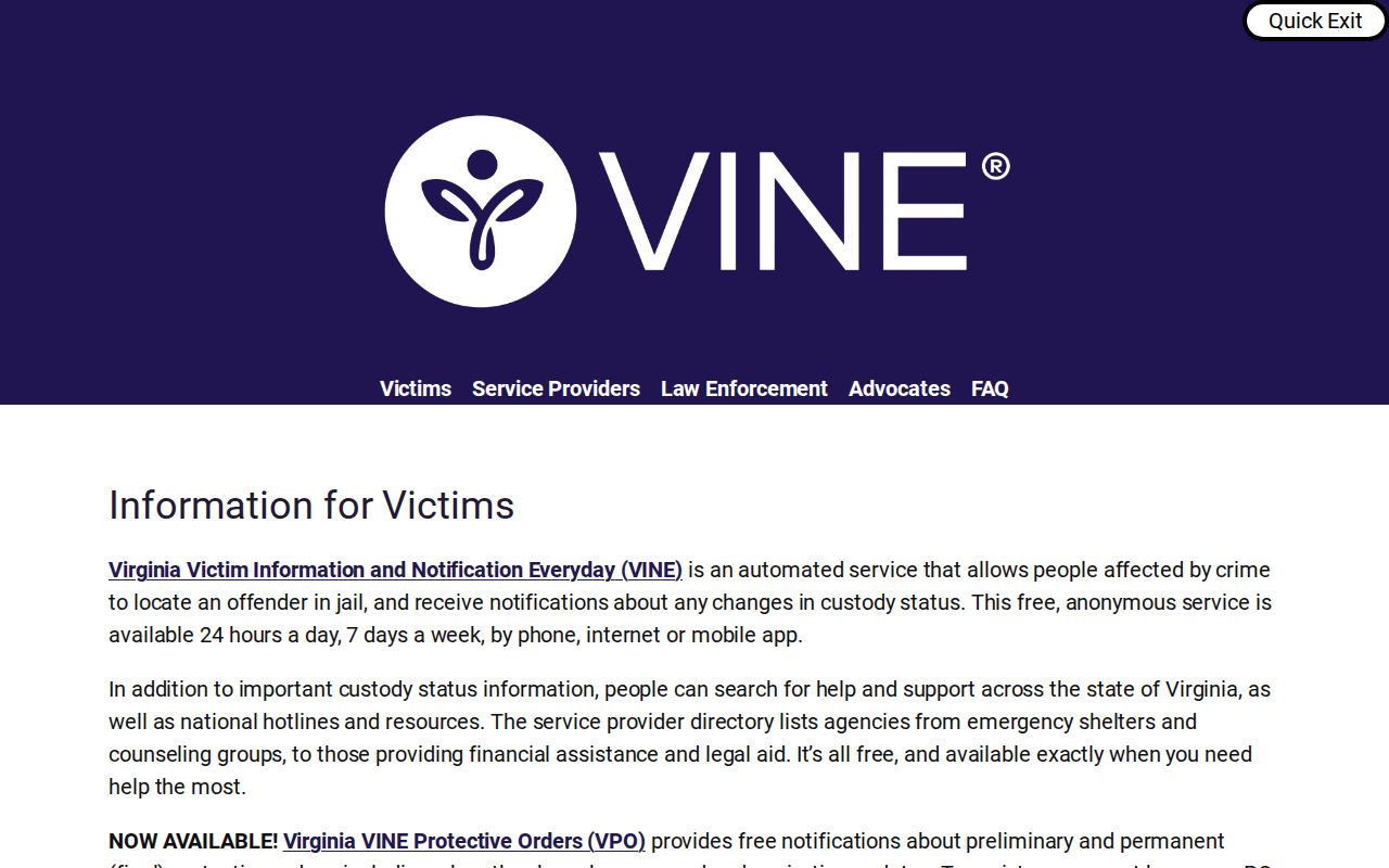 Virginia VINE local-jail status check for a Cumberland County 72-hour release