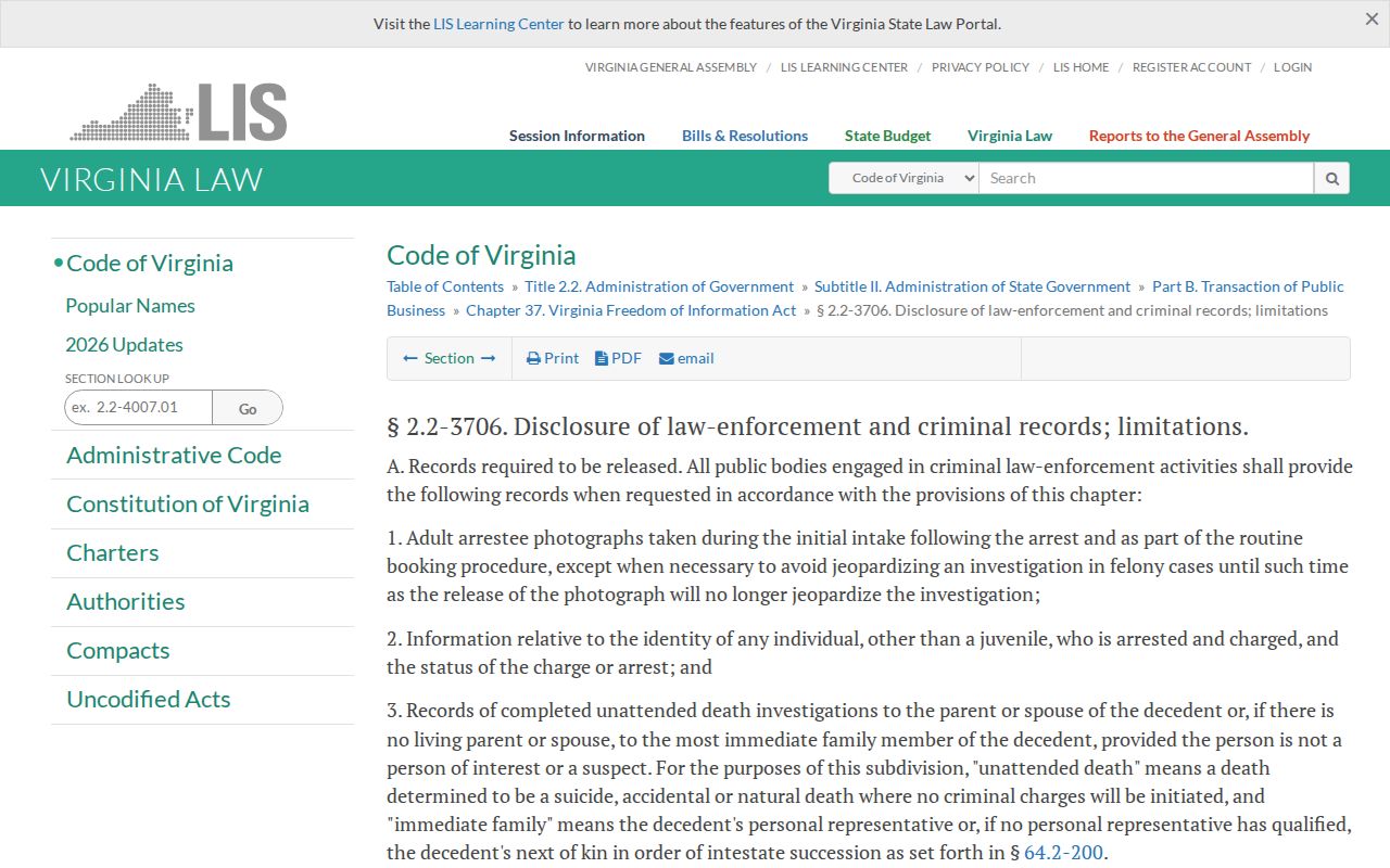 Virginia booking-photo disclosure law for Cumberland County released-inmate mugshots