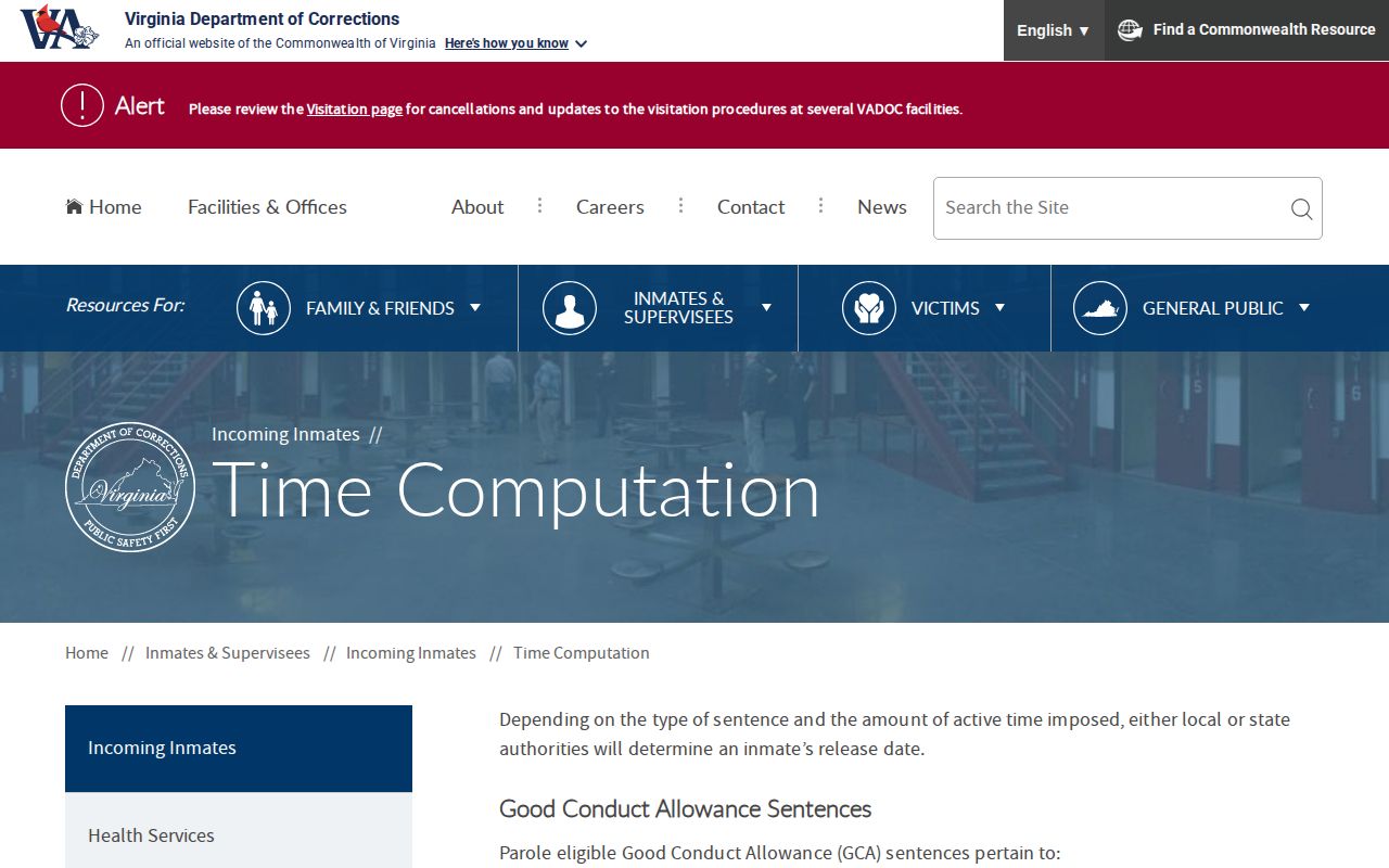 Virginia time computation source for a Cumberland County release date lookup