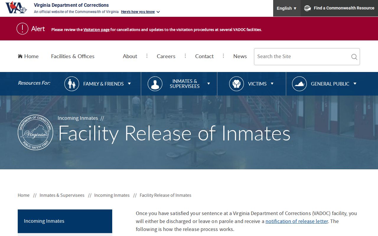 VADOC facility release process for confirming a Cumberland County actual release date