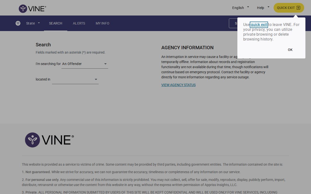 Cumberland County VINE inmate check and Out of Custody notification options